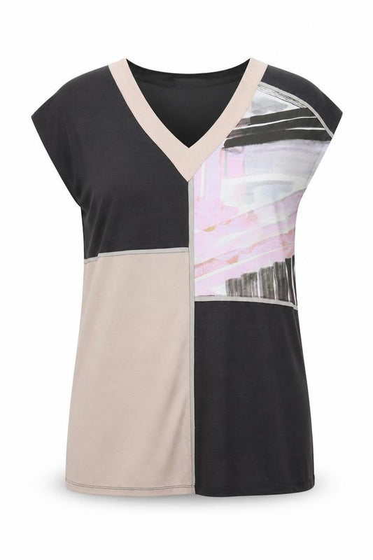 Front view of Next women’s multicoloured geometric polyester tunic blouse, size UK 12, v-neck