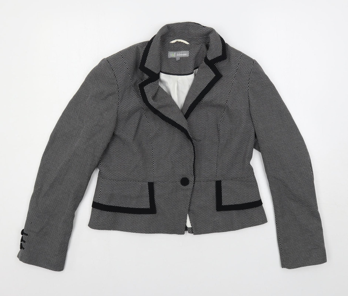 Marks and Spencer Womens Black Geometric Jacket Blazer Size 14 Button