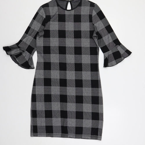 Marks and Spencer Womens Black Check Cotton Shift Size 10 Round Neck Button - Ruffle Sleeves