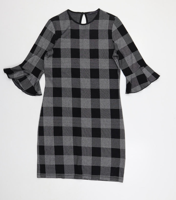 Marks and Spencer Womens Black Check Cotton Shift Size 10 Round Neck Button - Ruffle Sleeves