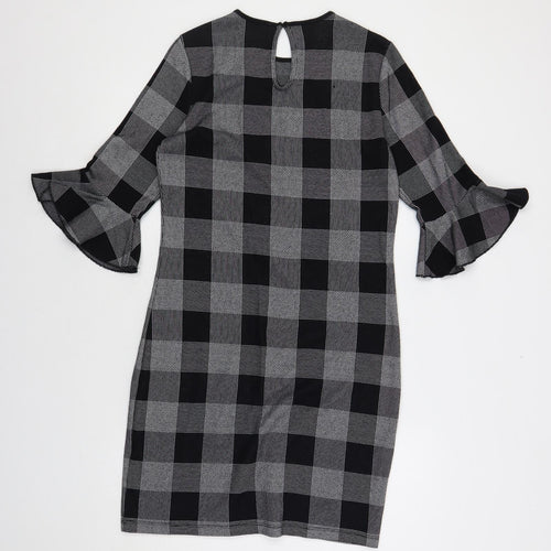 Marks and Spencer Womens Black Check Cotton Shift Size 10 Round Neck Button - Ruffle Sleeves
