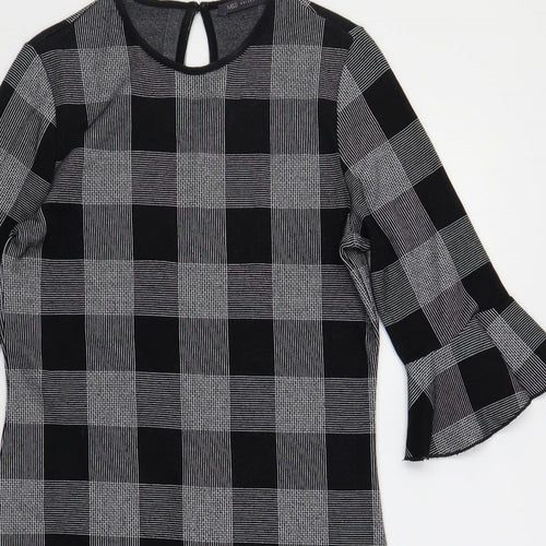 Marks and Spencer Womens Black Check Cotton Shift Size 10 Round Neck Button - Ruffle Sleeves