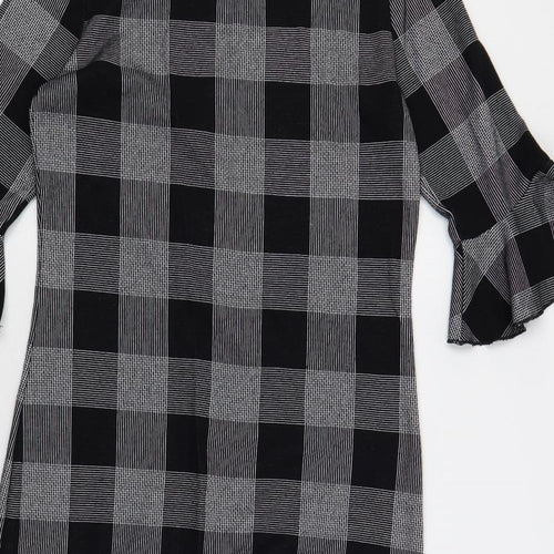 Marks and Spencer Womens Black Check Cotton Shift Size 10 Round Neck Button - Ruffle Sleeves