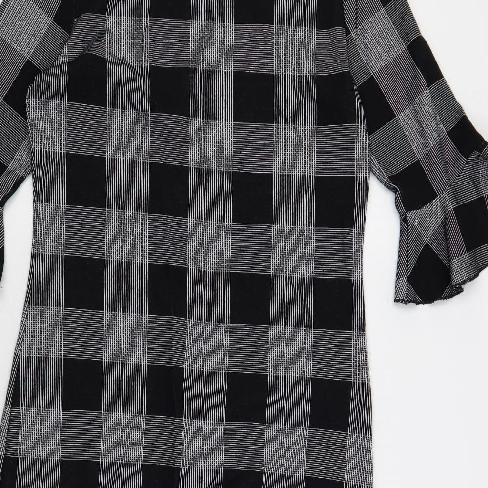 Marks and Spencer Womens Black Check Cotton Shift Size 10 Round Neck Button - Ruffle Sleeves