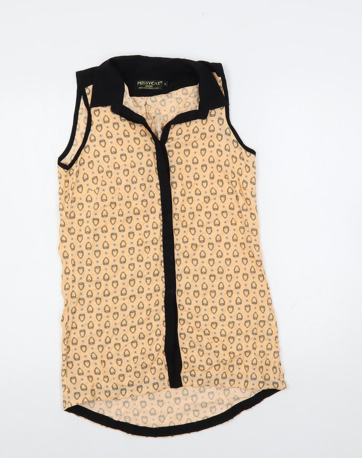 Pussycat London Womens Orange Geometric Viscose Tunic Button-Up Size S Collared
