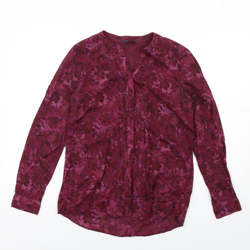Marks and Spencer Womens Purple Floral Cotton Basic Button-Up Size 8 V-Neck