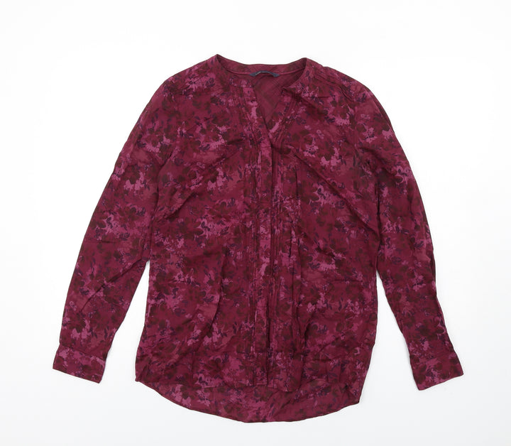 Marks and Spencer Womens Purple Floral Cotton Basic Button-Up Size 8 V-Neck