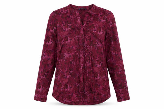 Front view of Marks & Spencer women’s purple floral cotton basic button-up, size UK 8, v-neck