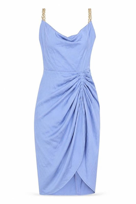 Front view of Quiz women’s blue polyester bodycon, size UK 12, cowl neck zip - ruched chain straps