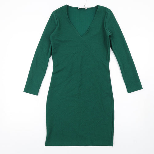 Mango Womens Green Polyester Bodycon Size S V-Neck Pullover