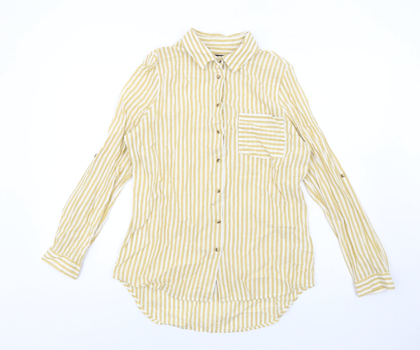 Marks and Spencer Womens Yellow Striped Cotton Basic Button-Up Size 12 Collared