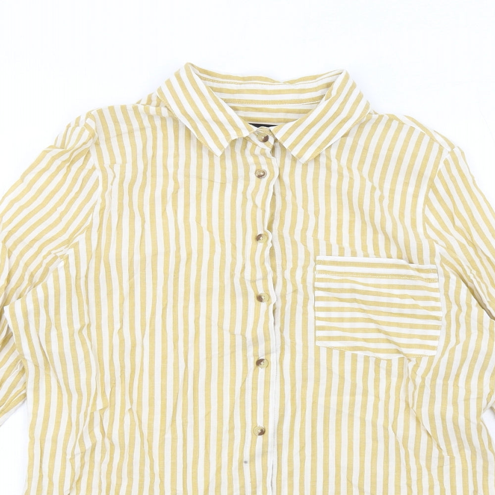 Marks and Spencer Womens Yellow Striped Cotton Basic Button-Up Size 12 Collared