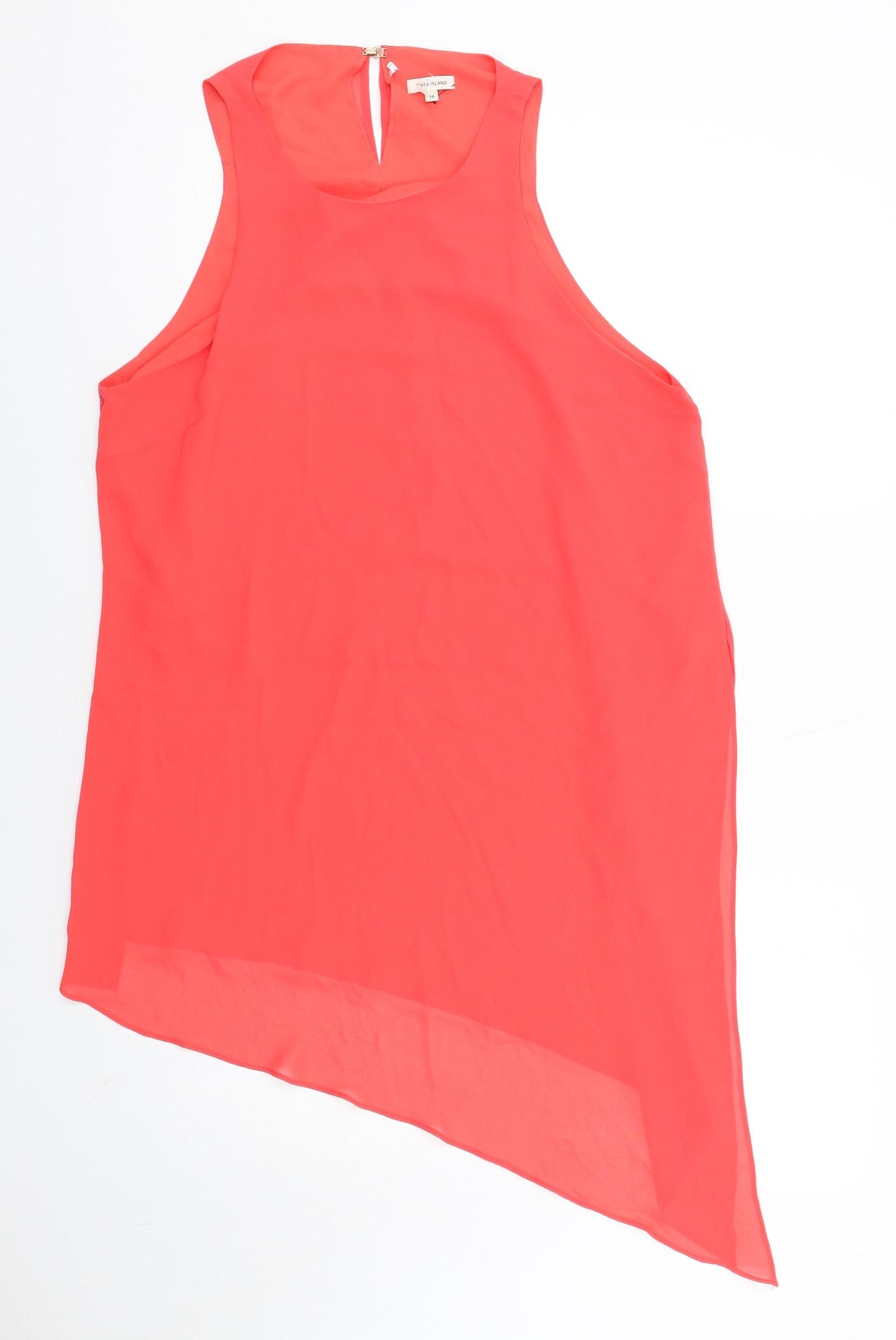 River Island Womens Red Polyester Basic Blouse Size 14 Round Neck - Asymmetric Hem, Sheer