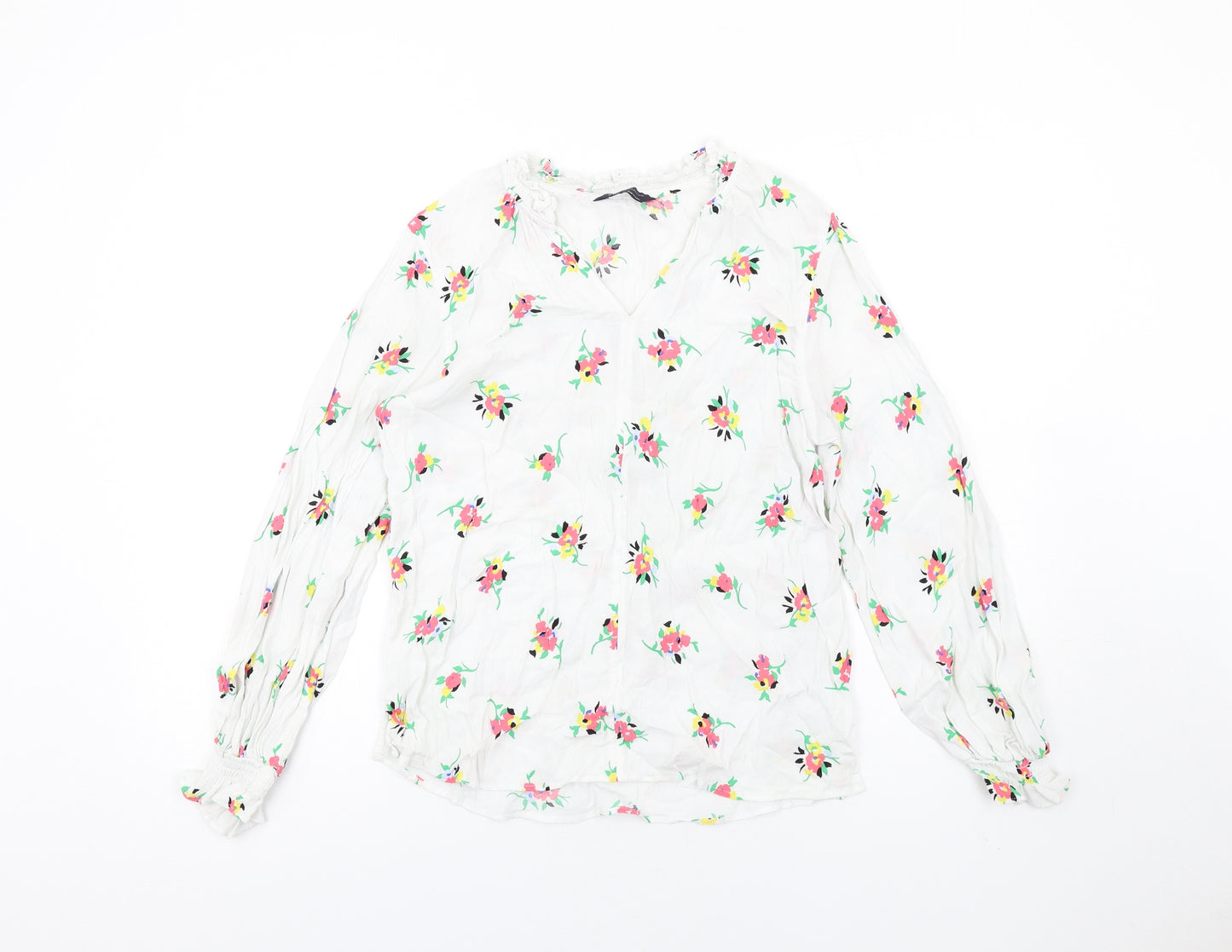 Marks and Spencer Womens White Floral Viscose Basic Blouse Size 12 V-Neck