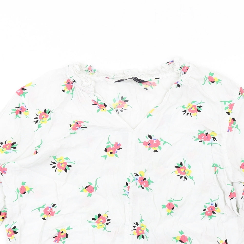 Marks and Spencer Womens White Floral Viscose Basic Blouse Size 12 V-Neck