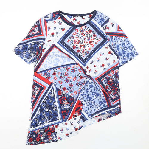Marks and Spencer Womens Multicoloured Geometric Modal Basic Blouse Size 14 Round Neck - Twist Front Asymmetric Hem