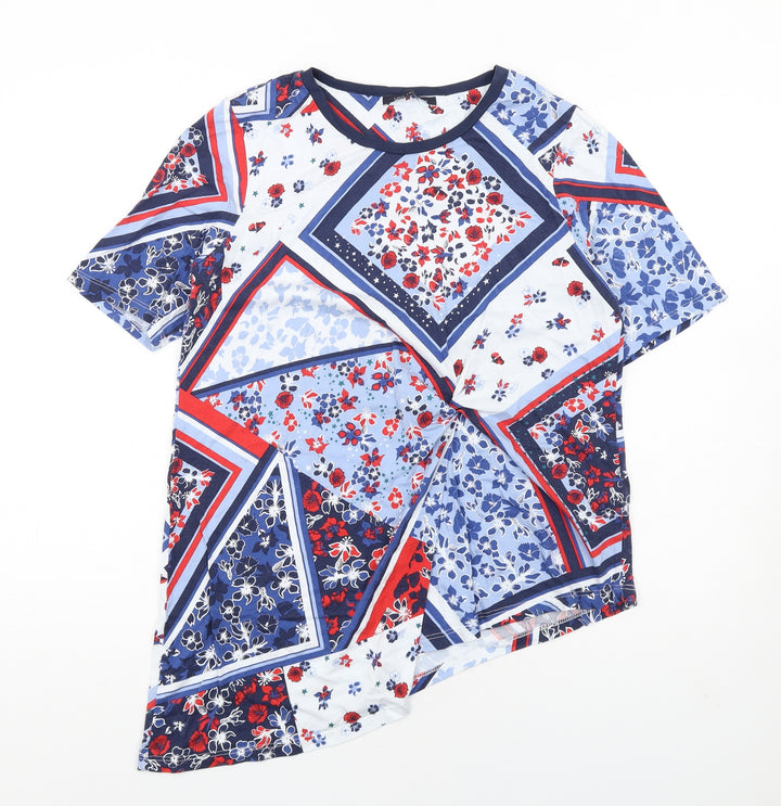Marks and Spencer Womens Multicoloured Geometric Modal Basic Blouse Size 14 Round Neck - Twist Front Asymmetric Hem
