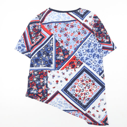 Marks and Spencer Womens Multicoloured Geometric Modal Basic Blouse Size 14 Round Neck - Twist Front Asymmetric Hem