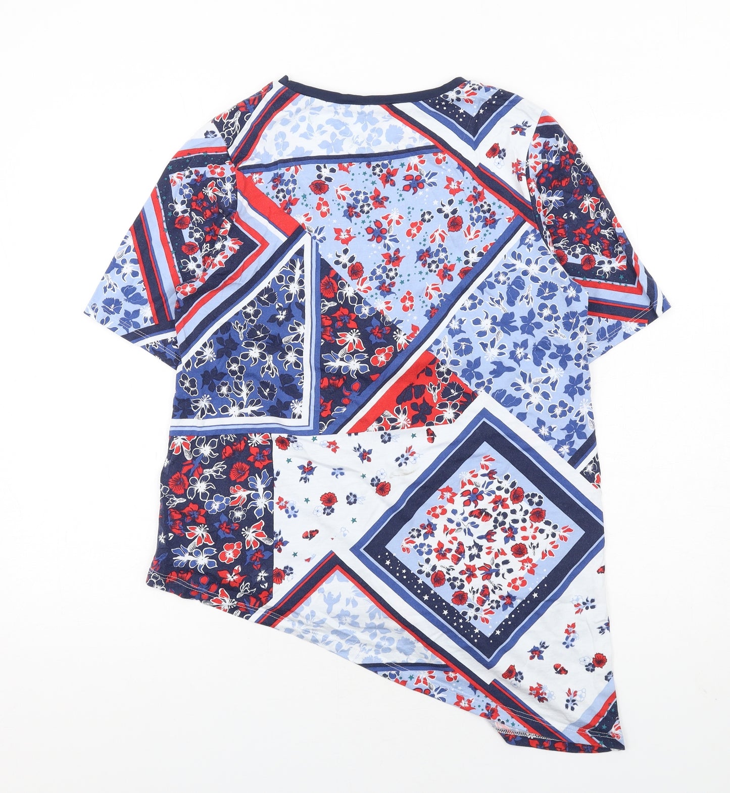 Marks and Spencer Womens Multicoloured Geometric Modal Basic Blouse Size 14 Round Neck - Twist Front Asymmetric Hem