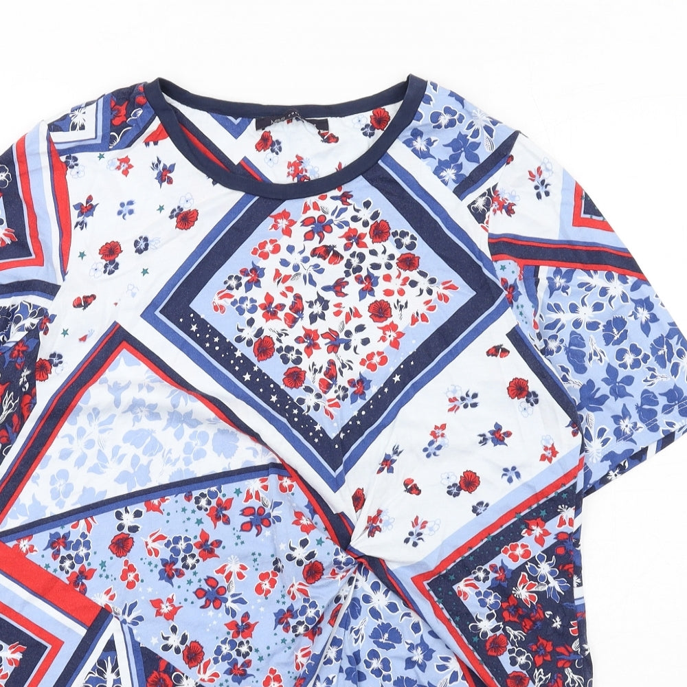 Marks and Spencer Womens Multicoloured Geometric Modal Basic Blouse Size 14 Round Neck - Twist Front Asymmetric Hem