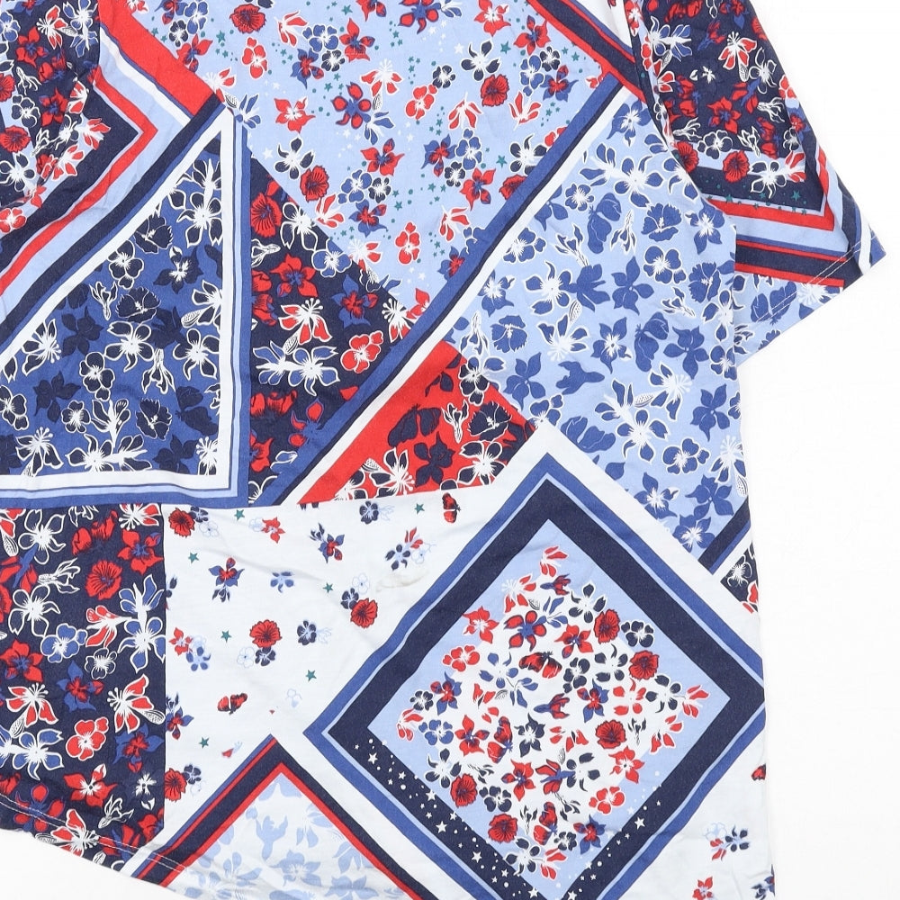 Marks and Spencer Womens Multicoloured Geometric Modal Basic Blouse Size 14 Round Neck - Twist Front Asymmetric Hem