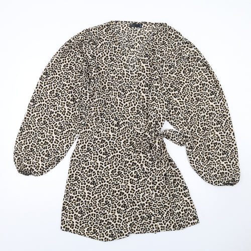 ASOS Womens Brown Animal Print Polyester Wrap Dress Size 16 V-Neck Tie - Leopard Print