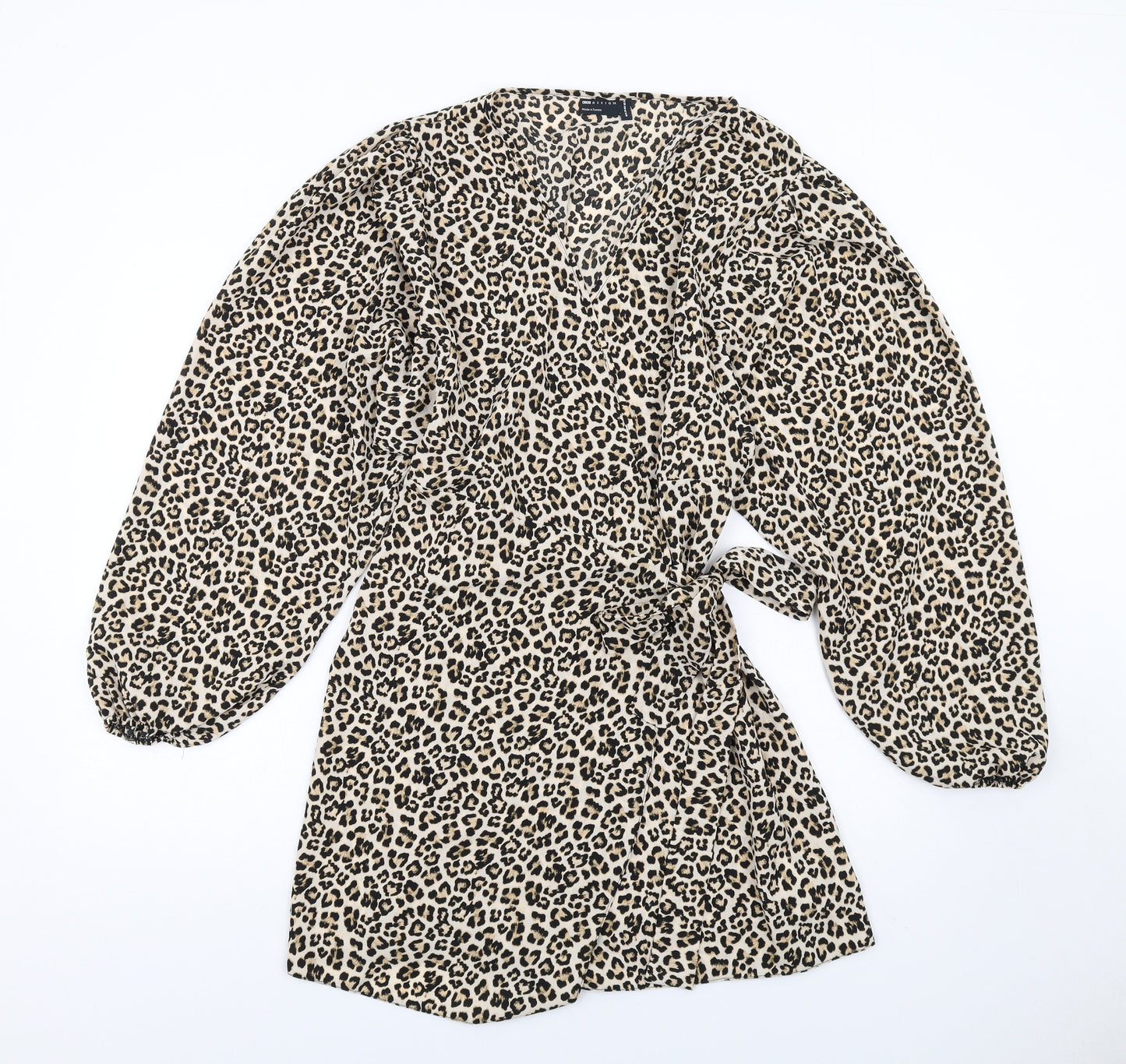 ASOS Womens Brown Animal Print Polyester Wrap Dress Size 16 V-Neck Tie - Leopard Print