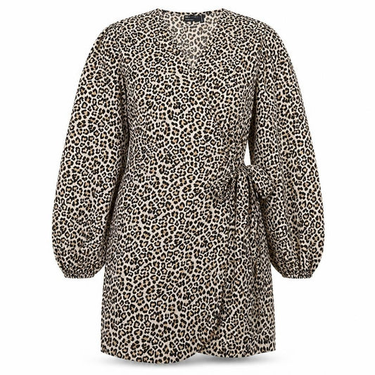Front view of ASOS women’s brown animal print polyester wrap dress, size UK 16, v-neck tie - leopard print