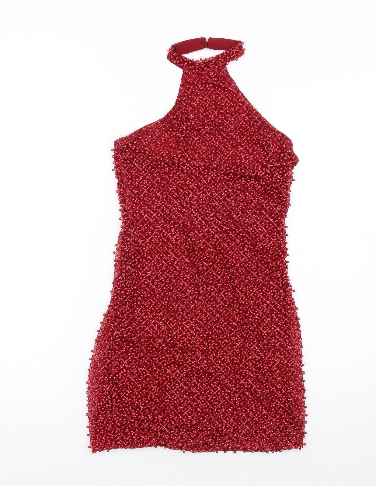 Oh Polly Womens Red Polyester Mini Size 10 Halter Zip - Beaded, Open Back