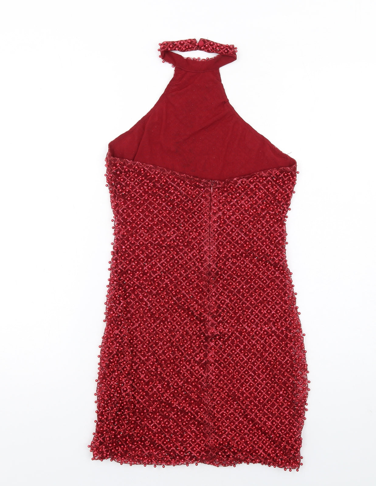 Oh Polly Womens Red Polyester Mini Size 10 Halter Zip - Beaded, Open Back