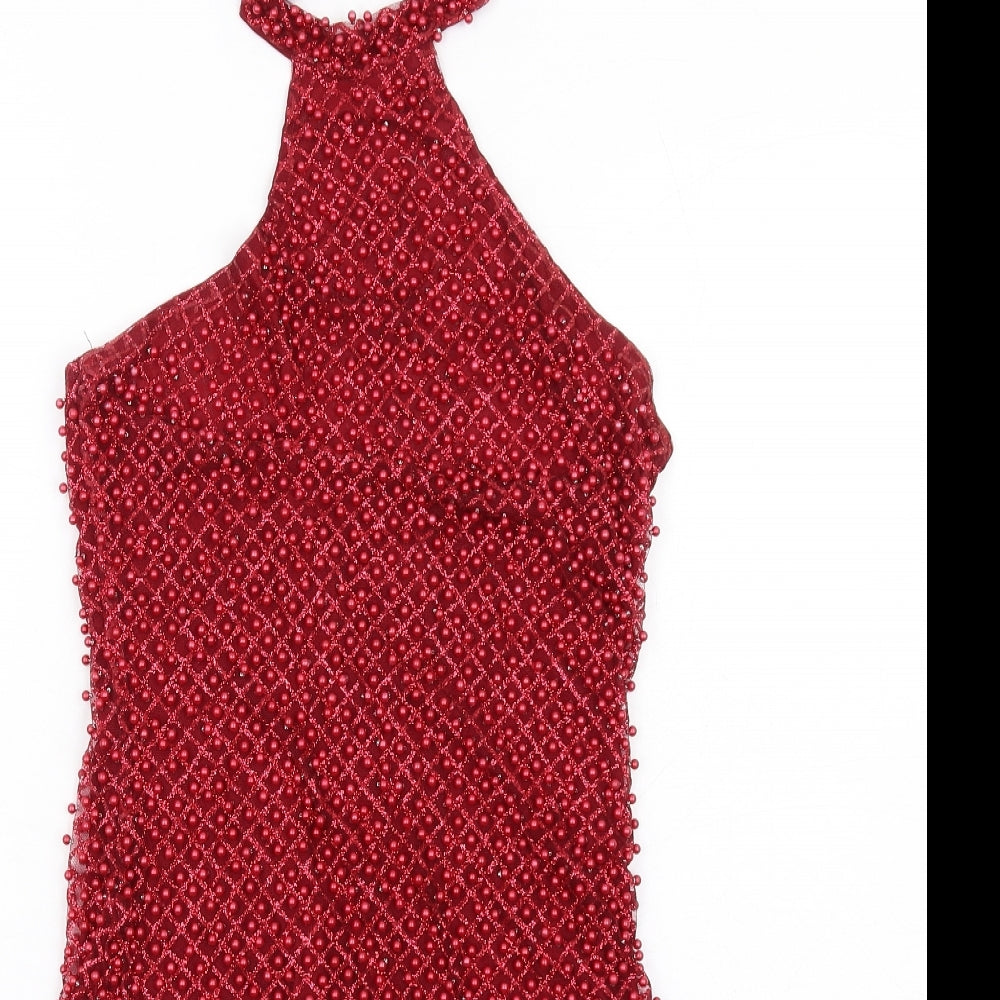 Oh Polly Womens Red Polyester Mini Size 10 Halter Zip - Beaded, Open Back