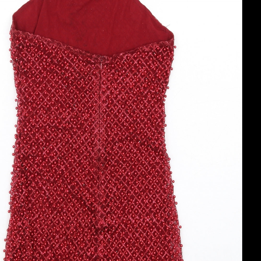 Oh Polly Womens Red Polyester Mini Size 10 Halter Zip - Beaded, Open Back
