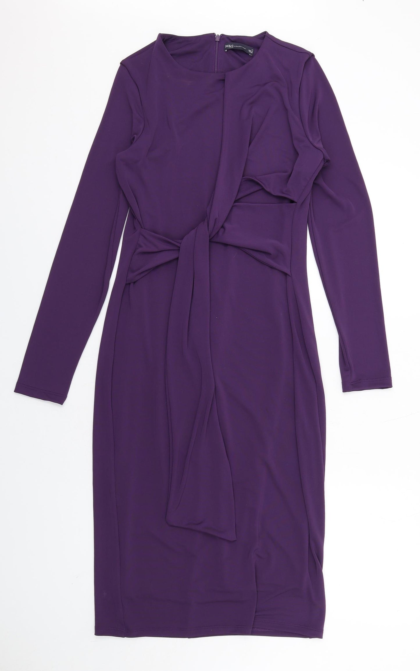 Marks and Spencer Womens Purple Polyester Pencil Dress Size 12 Round Neck Zip