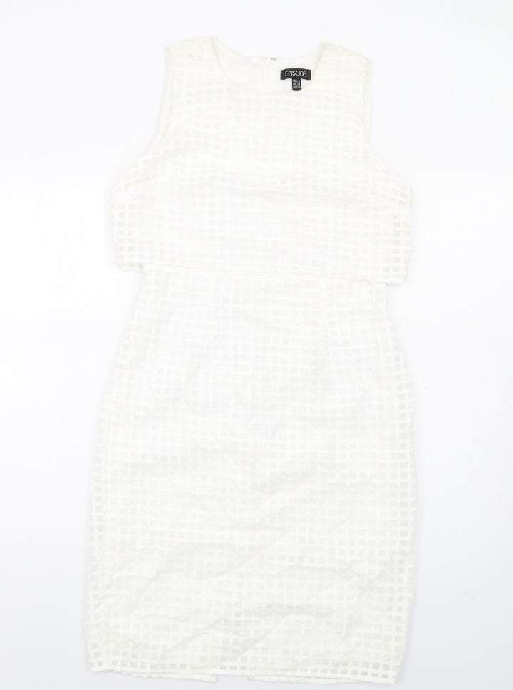 Episode Womens White Check Cotton Pencil Dress Size 10 Round Neck Zip
