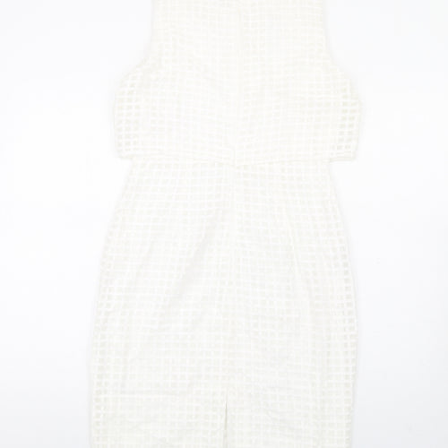 Episode Womens White Check Cotton Pencil Dress Size 10 Round Neck Zip