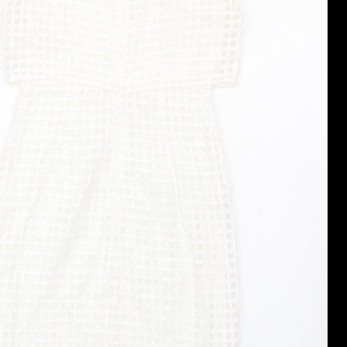 Episode Womens White Check Cotton Pencil Dress Size 10 Round Neck Zip