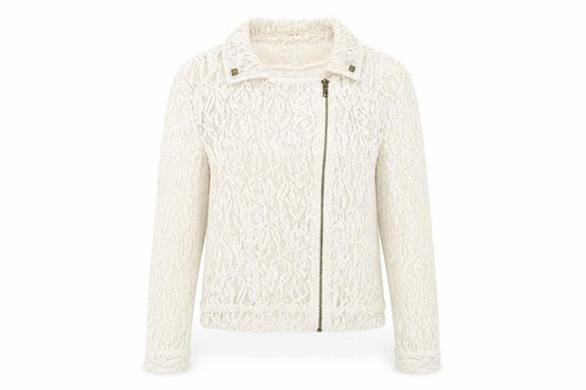 Front view of Mango women’s ivory biker jacket, size M, zip