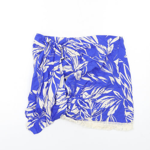 Zara Womens Blue Geometric Viscose A-Line Skirt Size XL Zip - Tassel Hem