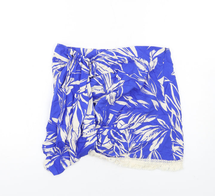 Zara Womens Blue Geometric Viscose A-Line Skirt Size XL Zip - Tassel Hem