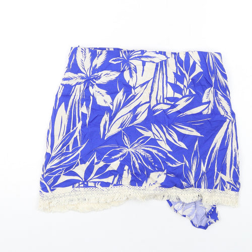 Zara Womens Blue Geometric Viscose A-Line Skirt Size XL Zip - Tassel Hem