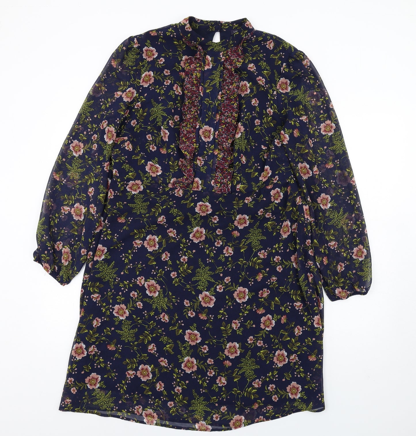 Marks and Spencer Womens Blue Floral Polyester A-Line Size 16 Mock Neck Zip