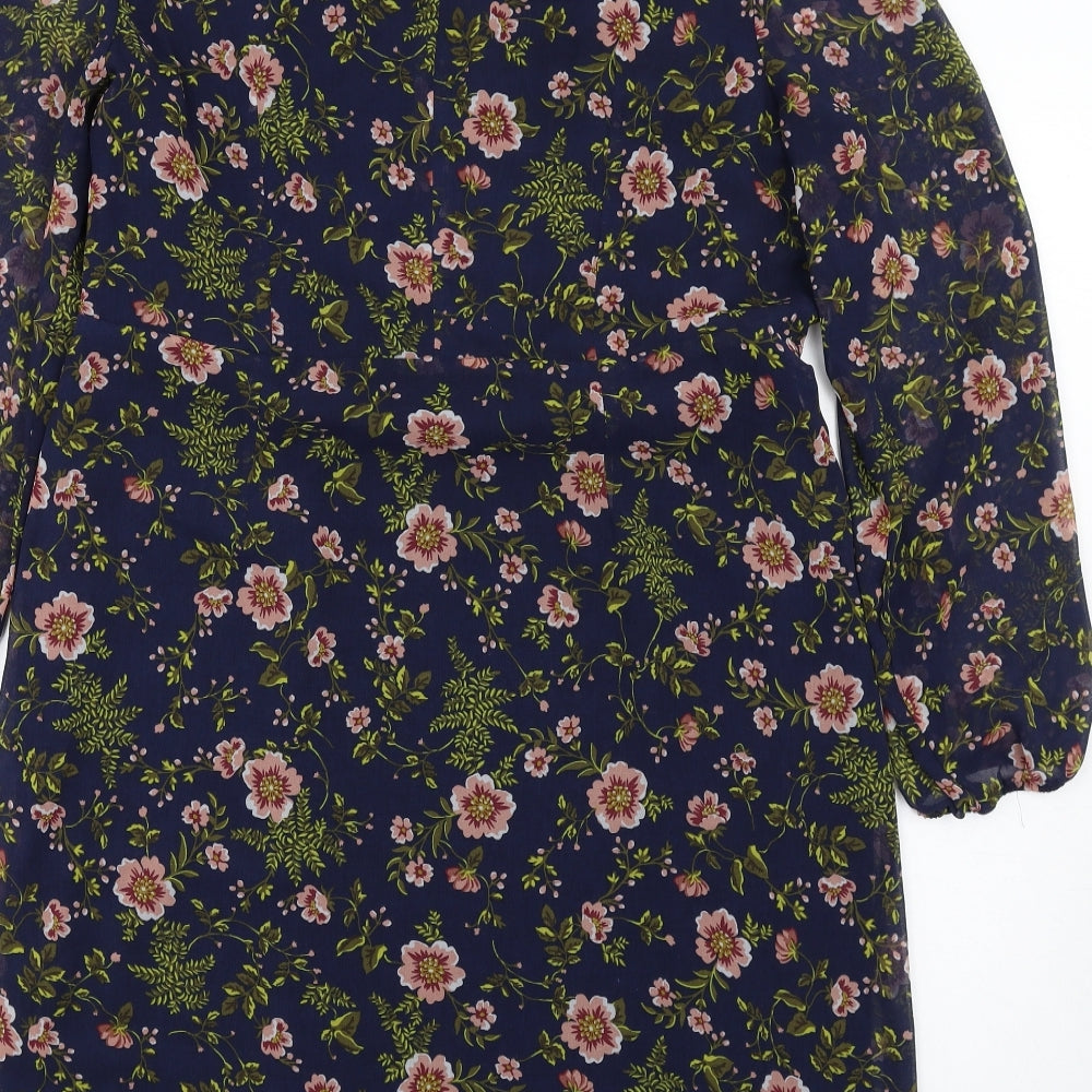 Marks and Spencer Womens Blue Floral Polyester A-Line Size 16 Mock Neck Zip