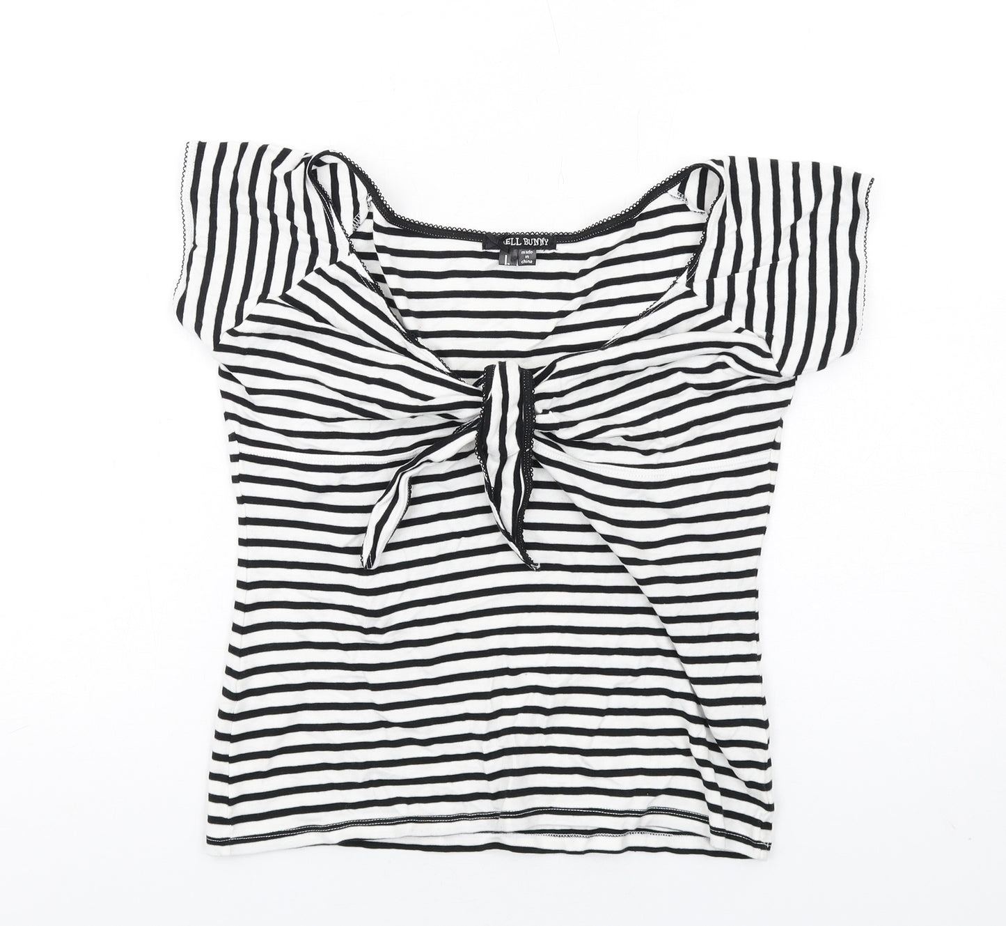 Hell Bunny Womens White Striped Cotton Basic T-Shirt Size L V-Neck - Tie Front