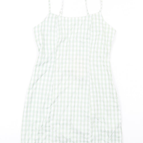 Missguided Womens Green Check Cotton Mini Size 8 Square Neck Zip