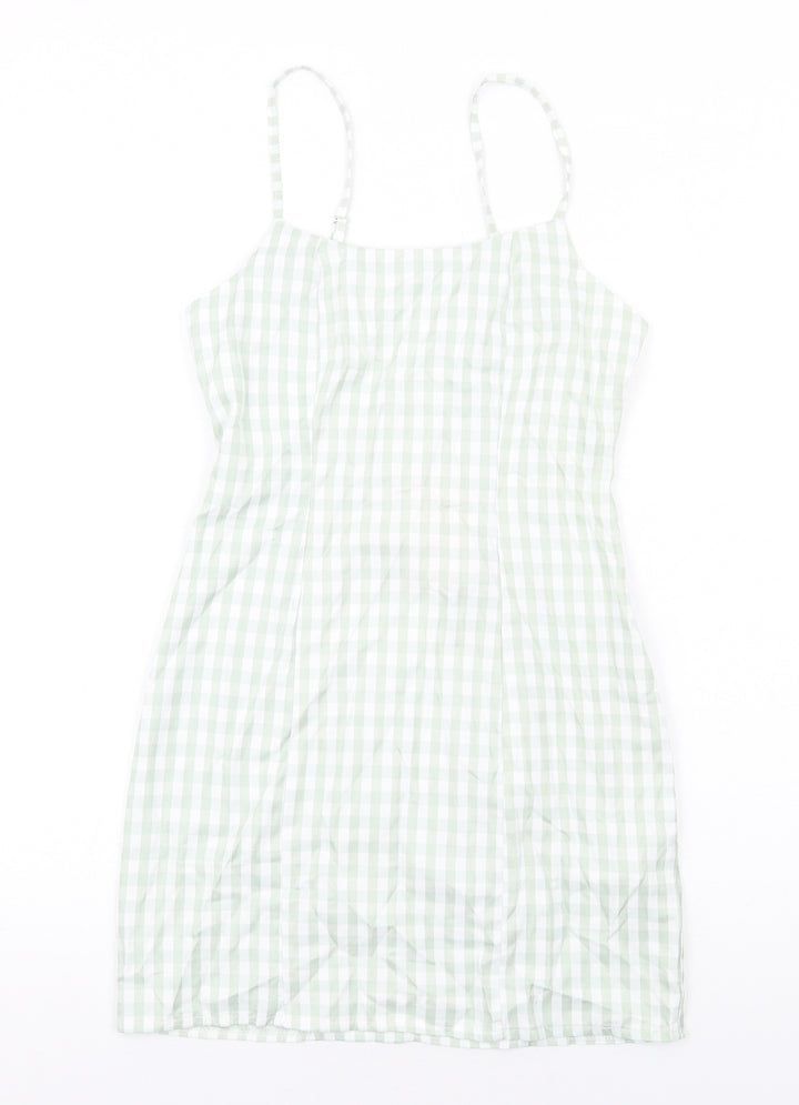 Missguided Womens Green Check Cotton Mini Size 8 Square Neck Zip