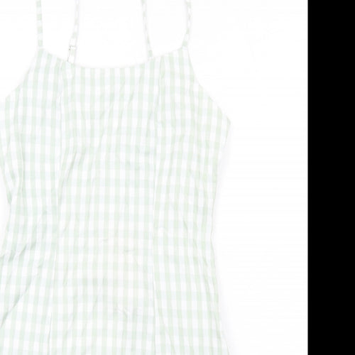 Missguided Womens Green Check Cotton Mini Size 8 Square Neck Zip