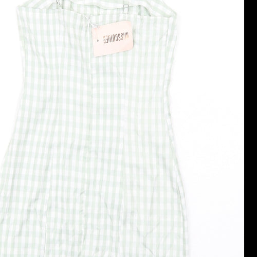 Missguided Womens Green Check Cotton Mini Size 8 Square Neck Zip