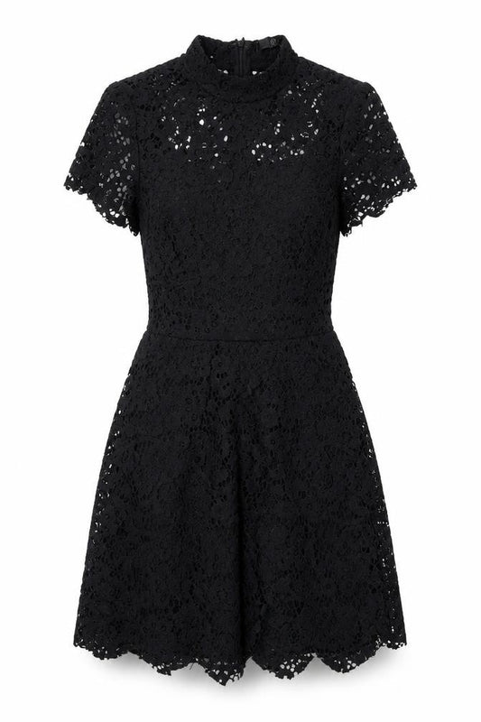 Front view of Missguided women’s black polyester a-line, size UK 10, mock neck zip