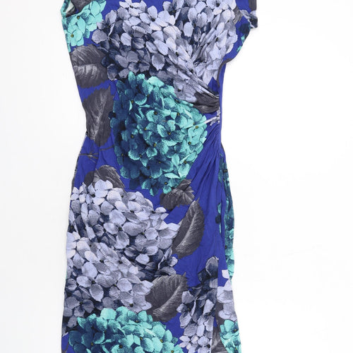Phase Eight Womens Blue Floral Viscose Bodycon Size 12 Round Neck Pullover - Ruched