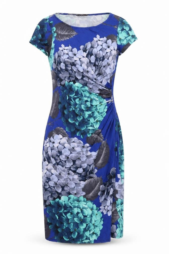 Front view of Phase Eight women’s blue floral viscose bodycon, size UK 12, round neck pullover - ruched